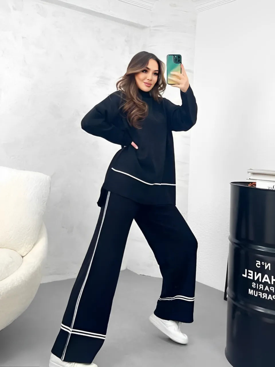 Conjunto de Tricô com Suéter Mullet Gola Alta e Calça Confortável