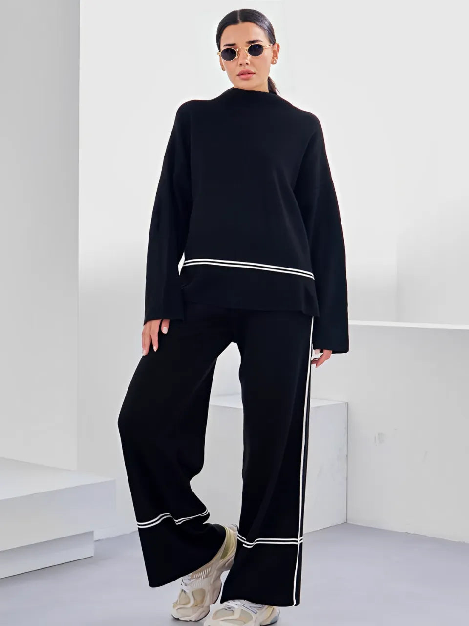 Conjunto de Tricô com Suéter Mullet Gola Alta e Calça Confortável